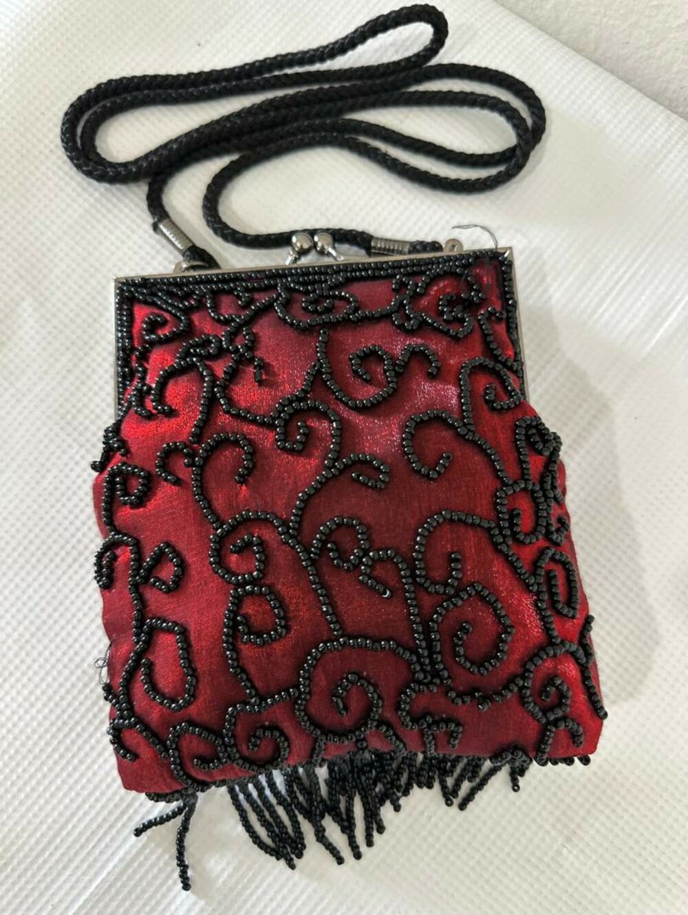 A Lancome Crossbody Beaded Purse Boho Gothic Fringe Shoulder Bag Red & Black